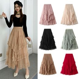 Skirt Fashion Sweet Cake Tulle Skirt Women Elegant Midi Long Skirt High Waist A Line Female Chic Red Black Green Party Skirt Vd3560