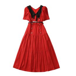 Summer Red Hearts Print Belted Dress Short Sleeve V-Neck Panelled Midi Casual Dresses A3A101527