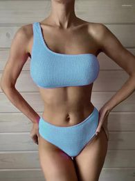Women's Swimwear 2023 Swimsuit Women's European And American Pure Color Bikini Special Fabric Wave Cloth One-Shoulder Fashion