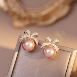 Korean New Exquisite Bow Pearl Stud Earrings For Women Contracted Crystal Heart Shape Earring Girl Temperament Jewelry