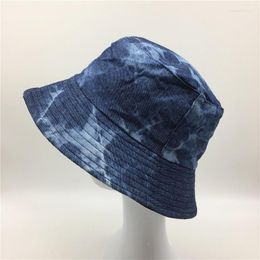 Berets Women Tie Dye Denim Bucket Hat Girls Solid Thin Cotton Fisherman With Black Lining Female Dyed Sun Protect Hats