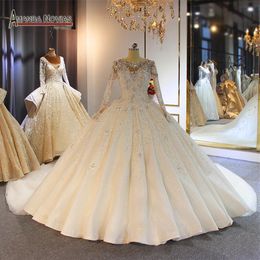 2020 High Neck Crystal Lace Ball Gown Wedding Dresses Muslim Long Sleeves Open Back Plus Size Bridal Gown Real Pictures274u