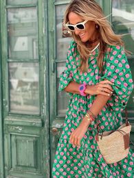 Casual Dresses Summer Fashion Printed Maxi Dress Women Puff Sleeve Vintage Loose Long Party Female Elegant Green Beach Boho