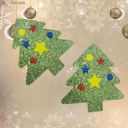 NOTCC 10 Pairs Green Glitter Christmas Tree Breast Pasties Disposable Body Decoration Chest Stickers Nipple Covers for Women L230523