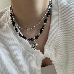 Pendant Necklaces Double-Layer Beaded Necklace Daily Choker Temperament Heart Clavicle Chain Fashion Drop