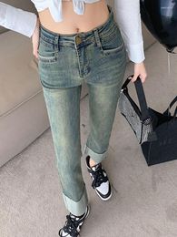 Women's Jeans Women 2023 High-waisted Korean Fasion Contrast Color Curly Bottom Y2k Straight-leg Pants Elastic Ankle Length Denim