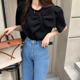 Women's T-Shirt Summer Bubble Sleeve Bow T-shirt for Korean Style Sweet Slim Black Tops Women Casual Elegant Office Female Solid Color Tee P230603