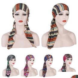 Beanie/Skull Caps Muslim Women Flower Print Ladies Head Wrap Er Chemo Cap Hijab Turban Long Tail Bonnet Hat Hair Loss Bandanas Ethni Dhfcs