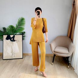 Women's T Shirts Wrinkle Heavy Industry Set Autumn Pressed Pleated Casual Straight Leg Pants 3/4 Sleeve Mid Length Top For Women