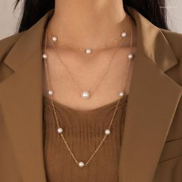 Pendant Necklaces Fashion Gold Colour Multilayer Long Chains Necklace Big Small Imitation Pearl Choker Pendants For Women 9177