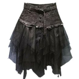 Dresses Women Denim Mesh Splice Skirt High Waist Asymmetric Frill Tulle Gothic Chic Blue
