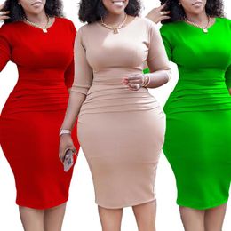 Casual Dresses Classic Women Wear Elegant Church Plain 3/4 Sleeve O Neck Ruched Waist Office Ladies Work Knee Length Pencil Skirt Dress