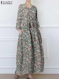 Dress 2023 Holiday Women Maxi Dress Zanzea Fashion Cotton Linen Floral Print 3/4 Sleeve V Neck Long Dresses Casual Loose Belted Robes