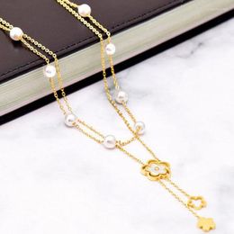 Pendant Necklaces Stainless Steel 5 Leaves Flower With Pearl Necklace For Women 2023 Fashion Girls 2in1 Clavicle Chain Jewelry Gifts