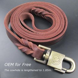 Leashes 135cm Genuine Cowhide Leather Dog Leash Long Dog Leashes Braided Pet Walking Training Hunting Leads For Medium Large Dogs Rope