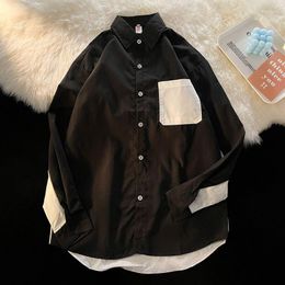 Men's Casual Shirts Men Patchwork Long Sleeve Harajuku 2023 Mens Japanese Streetwear Causal Man Button Up Oversized Shirt B402