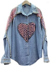 Women's Blouses Love Beaded Denim Shirt Women's Contrast Colour Long Sleeve Blouse Top 2023 Spring Autumn Tide Single Breasted Blusas