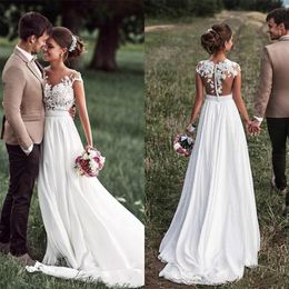 Vintage Cheap Boho Beach Country Wedding Dresses Sheer Neck Cap Sleeves Appliques Lace Chiffon Backless Bridal Gowns285L