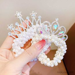 Hair Accessories Crown Headwear Sweet Princess Pearl Rubber Band for Girls Children Elastic Ring Rhinestone Kids