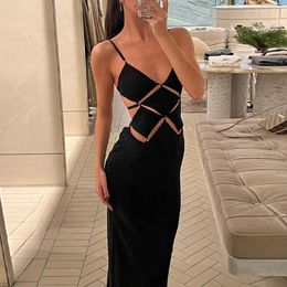 Hollow Out Cut Out Maxi Dress For Women 2023 New Elegant Spaghetti Strap Sleeveless Backless Bodycon Slipdress Vestidos