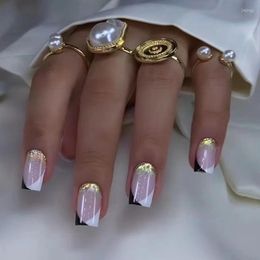 False Nails Luxury Elegant Flash Gold Powder Black And White Patchwork Glitter Fake Finished Full Cover Glue Woman Party