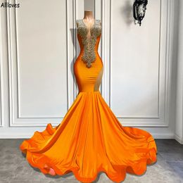 Arabic Aso Ebi Luxury Crystals Evening Dresses Pluging Sexy V Neck Long Mermaid Slim Fit Prom Party Formal Gowns Women Orange Spandex Special Occasion Dress CL2351