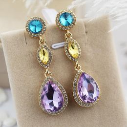 Dangle Earrings Lady Gem Color Shiny Gold Studded Crystal Women Temperament Trinket Long Accessories Gift F