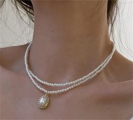 Necklace Earrings Set Beaded Vintage Double Pearl Pendant Collarbone Chain Women's Simple Light Luxury Design Sense
