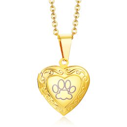 Women's Pendant Necklace Personalised and Trendy Stainless Steel Heart Pendant Necklace Openable for Picture Frame and Carved Dog Paw Jewellery Gift yw74PN-1364G