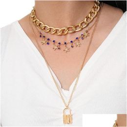 Pendant Necklaces 3 Layer Lock Chain Necklace Punk Sweater Long Neck Women Fashion Gothic Jewellery Starfish Drop Delivery Pendants Dhjis