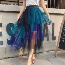 Dresses Setwigg Spring Sweet Multicolor Tulle Patchwork Long Irregular Skirts Elastic Waist Aline Tiered Mesh Pleated Calf Long Skirts