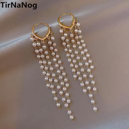 Dangle Chandelier South Korea Long Tassels Of Pearl Earrings Design Feeling Simple Lady Fan Fashion Love Ear clip Individuality Elegant Earrings 230602