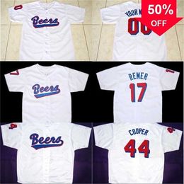 Xflsp GlaMit BEERS Movie baseball Jersey Button Down White 17 Doug Remer 44 Joe Coop Cooper 100% Stitched Custom Baseball Jerseys Any Name Number vintage