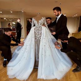 2022 Sparkly Luxurious African Wedding Dresses With Skirts Lace Beaded Sheath Bridal Dresses Long Sleeves See Through Wedding Gown3096