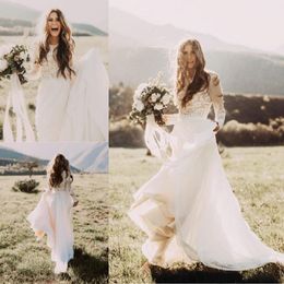 2023 Cheap Bohemian Beach Lace Wedding Dresses With Sheer Long Sleeves Bateau Neck A Line Appliqued Chiffon Boho Bridal Gowns