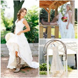 Tea Length Wedding Dresses 2018 Vintage Full Lace V Neck Cap Short Sleeves Country Western Boho Cheap Designer Modest Bridal Gowns237I