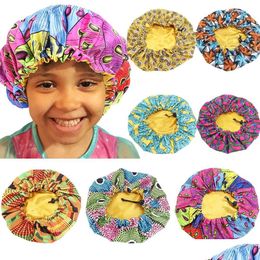 Beanie/Skull Caps Kids Girls Adjustable Sleep Cap African Batik Print Satin Hair Care Bonnet Turban Child Hat Chemo Beanies Elastic Dhqcb