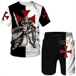 Tracksuits Summer Templar Knight 3D Printing Men's Set Cool Street Retro Casual Short Sleeve T-shirt Two Piece Fashion P230603