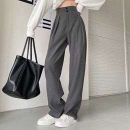 Capris Lucy ver Korean Office Loose Straight Fashion High Waist Wide Leg Women's Black Grey Casual Set Pants P230602 good