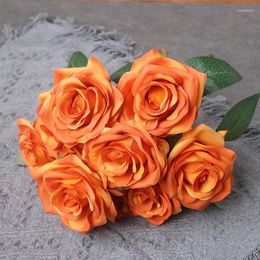 Decorative Flowers Artificial Orange Silk Fake Flower Simulation Rose Bouquet Wedding Pography Props Home Living Room Garden Corner Roses