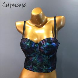 T-Shirt Cupnaya PU Leather Snakeskin Women Crop Top Sexy Bustier Corset Inner Cami Bralette Vest Tank Dance Clubwear Adjust Sizes