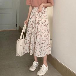 Skirts Vintage Floral Print A-line Pleated Long Summer Women 2023 Korean Skirt Streetwear Drawstring Elastic High Waist