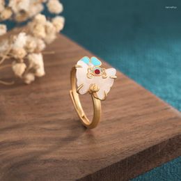 Wedding Rings China Style Cloisonne Enamel Color Butterfly White Jade Ring Micro Inlaid Pearl Gold Open Adjustable For Women Jewelry