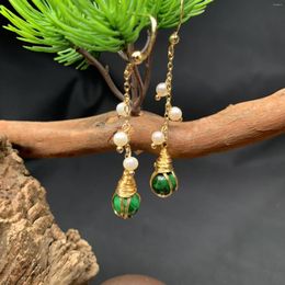 Dangle Earrings Green Jade For Women Amulet Gifts Natural Emerald Chinese Jewellery Gift Beads Carved 925 Silver Stone Real Pearl