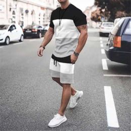Tracksuits Summer Patch Work Track New Casual Short Sleeve T-shirt+Shorts 2 Piece Set Men's Sportswear P230605 good
