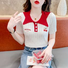 Women's T-Shirt Summer knitted girls' short sleeves polo neck embroidery pleats top women's knitting elastic T-shirt P230602