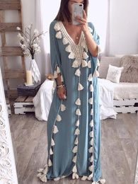 Dresses Casual Bohemian Loose Tassel Ruffer Long Dress Short Sleeve Beach Dress 2023 Summer Muslim Moroccan Kaftan Maxi Dress A1384