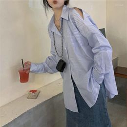 Women's Blouses QWEEK Blue Striped Shirt For Women Korean Style Oversized Blouse Vintage Off Shoulder Long Sleeve Top Female Button Up