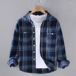 Men's Casual Shirts Men's Pure Cotton Plaid Long Sleeve Shirt Harajuku Classic Double Pockets Daily Versatile Loose Jacket Male Clothes