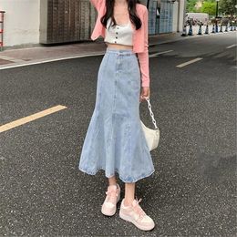 Dresses Y2k Ruffles Long Mermaid Denim Skirt Women's Korean Sexy Bodycon Tight Maxi Flare Skirt Blue Jeans Trumpet Skirt Plus Size 4xl